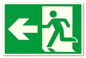 SKYLT "NÖDUTGÅNG PIL VÄNSTER" PVC A4 SJÄLVLYSANDE