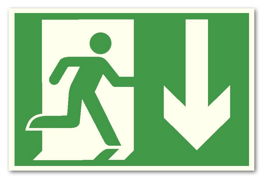 Skylt "nödutgång pil ner" pvc A4 självlysande