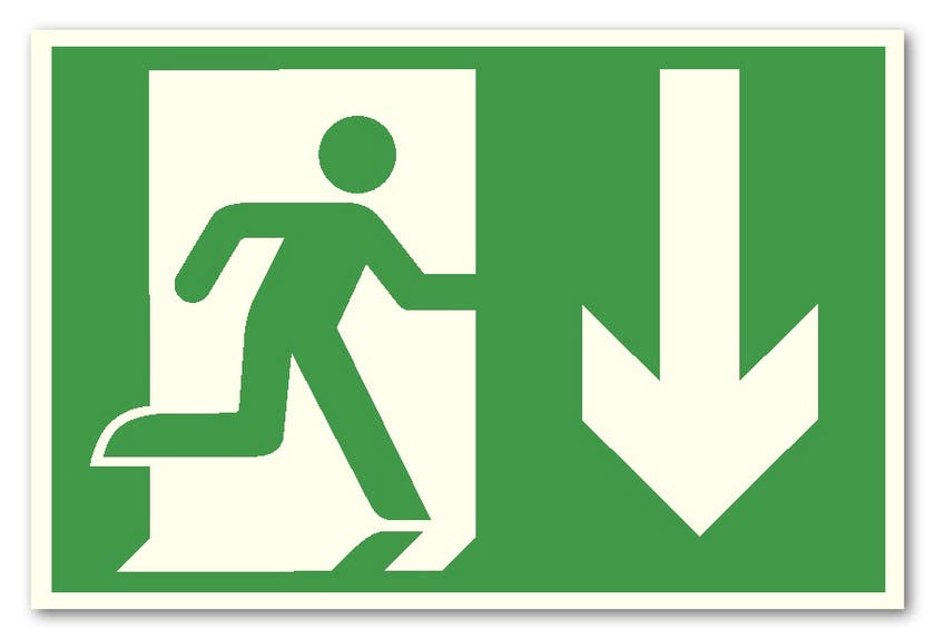 Skylt "nödutgång pil ner" pvc A4 självlysande