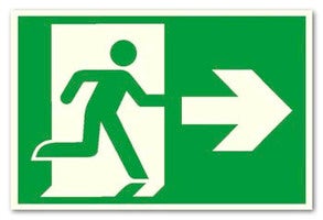 SKYLT "NÖDUTGÅNG PIL HÖGER" PVC A4 SJÄLVLYSANDE