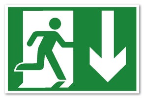 SKYLT "NÖDUTGÅNG PIL NER" PVC A4 SJÄLVLYSANDE