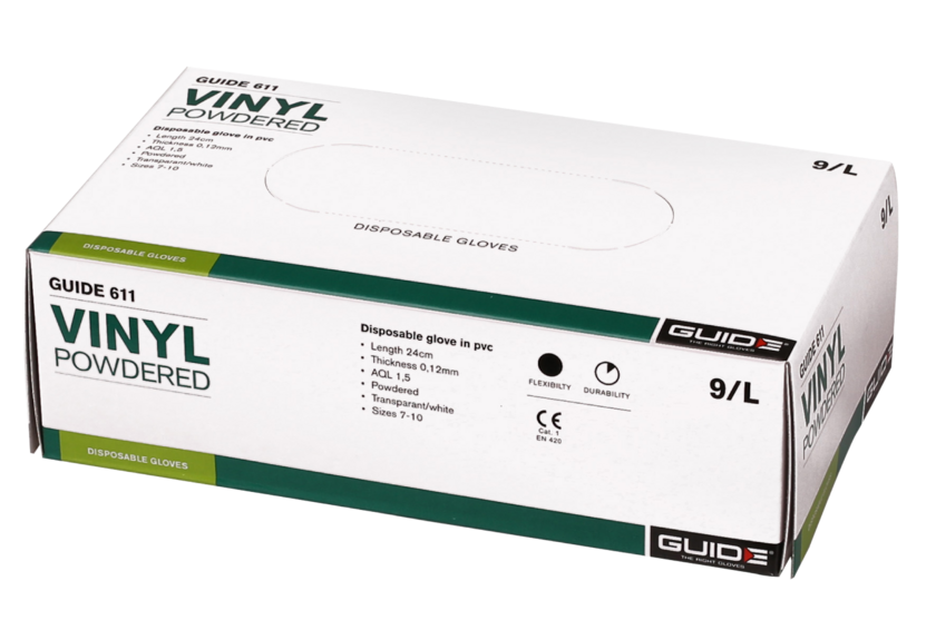 HANDKSE ENGÅNGS VINYL 611 7 GUIDE OPUDRAD 100PAR/FP